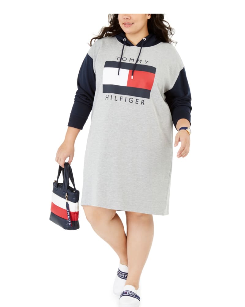 Front of a model wearing a size 0X Tommy Hilfiger Women's Plus Size Colorblocked Hoodie Sweatshirt Dress Gray Size 0X in Gray by Tommy Hilfiger. | dia_product_style_image_id:312541
